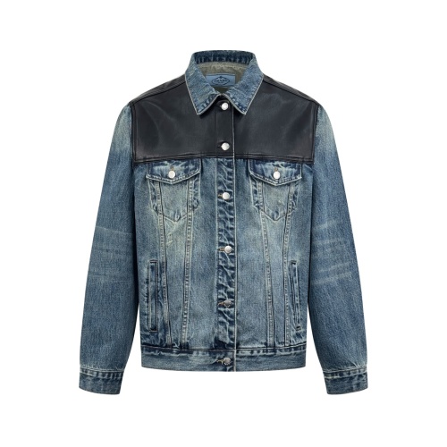 Prada Denim Jacket with Leather Yoke Stone Washed Effect, Blue 1 Prada Denim Jacket with Leather Yoke Stone Washed Effect, Blue