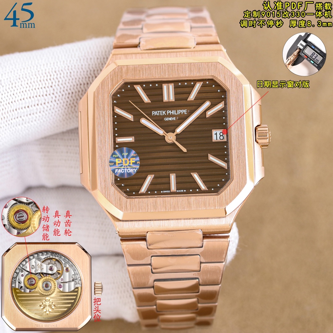 NO:340596,White gold (40, 45 same price) PDF FactoryV2 version of all-in-one real-winding gear movement, adjusting time continuously, identify the right balance movement, 45mm thickness 8.3mm. Patek Philippe launches a new series of CUBITUS (5821 watch-watch) Highlights and features 1 movement: equipped with custom 9015 modified Cal.26-330  SC. Realize the real gear machine, and the adjustment is constantly stopped for seconds, and the balance wheel position is the same as the genuine product, automatic winding movement. 2 steel belt: 316L custom-made ergonomic strap, new buckle style. 3 case: 45 mm in size, only 8.3mm in thickness, which is the diagonal length of the case (i.e. 10 points to 4 points), and the dimension is 40 mm in thickness, because the case is approximately square, the width of the upper and lower sides will be less than this value, so the visual effect is not very large. Please identify the details of the PDF. In terms of matching, 5821 is a sports-style watch, and it is also possible to use regular dress and casual styles.,, patek philippe19860909白 金（40,45同价） PDF FactoryV2版本一体机真上链齿轮机芯,及调时不停秒,认准对版摆轮机芯,45mm厚度8.3mm.百达翡丽重磅推出新系列CUBITUS（5821腕表-腕表） 亮点特色1机芯:搭载定制9015改Cal.26-330 SC.实现真齿轮一体机,及调时不停秒,调时不停秒,摆轮位置均与正品一致,自动上链机芯.2钢带:316L定制级人体工程学表带,新扣款式.3表壳:尺寸45毫米厚度仅8.3mm,为表壳对角线长度(即10点位至4点位),尺寸40毫米厚度8.5mm,因为表壳近似于方形,上下边的宽度会小于这一数值,所以视觉效果并不是很大.请认准PDF细节. 搭配上,5821,属于运动风格腕表,日常搭配正装和休闲风格也可以.,,patek philippe,Watch