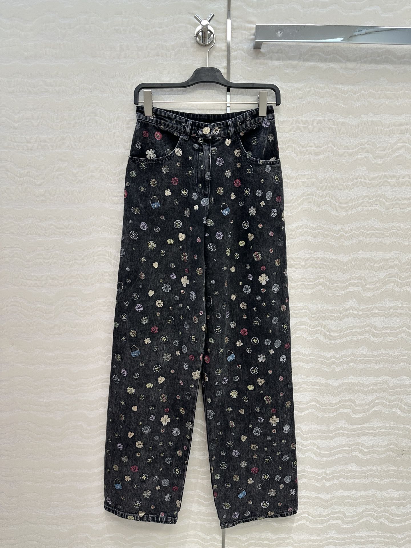 Chanel Printed Wide Leg Jeans High-Waisted Y2K Style Denim Pants