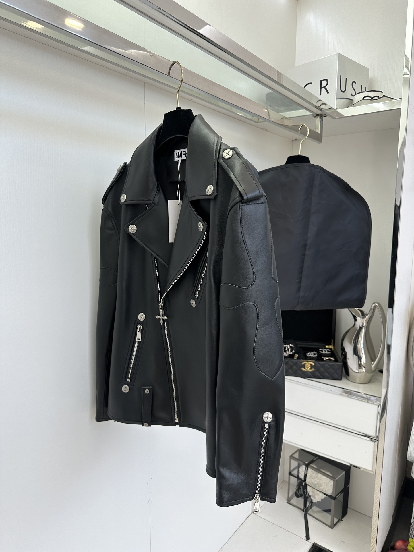 Women's Black Leather Motorcycle Jacket with White Cross Detail 4 i1757412122 3806 2