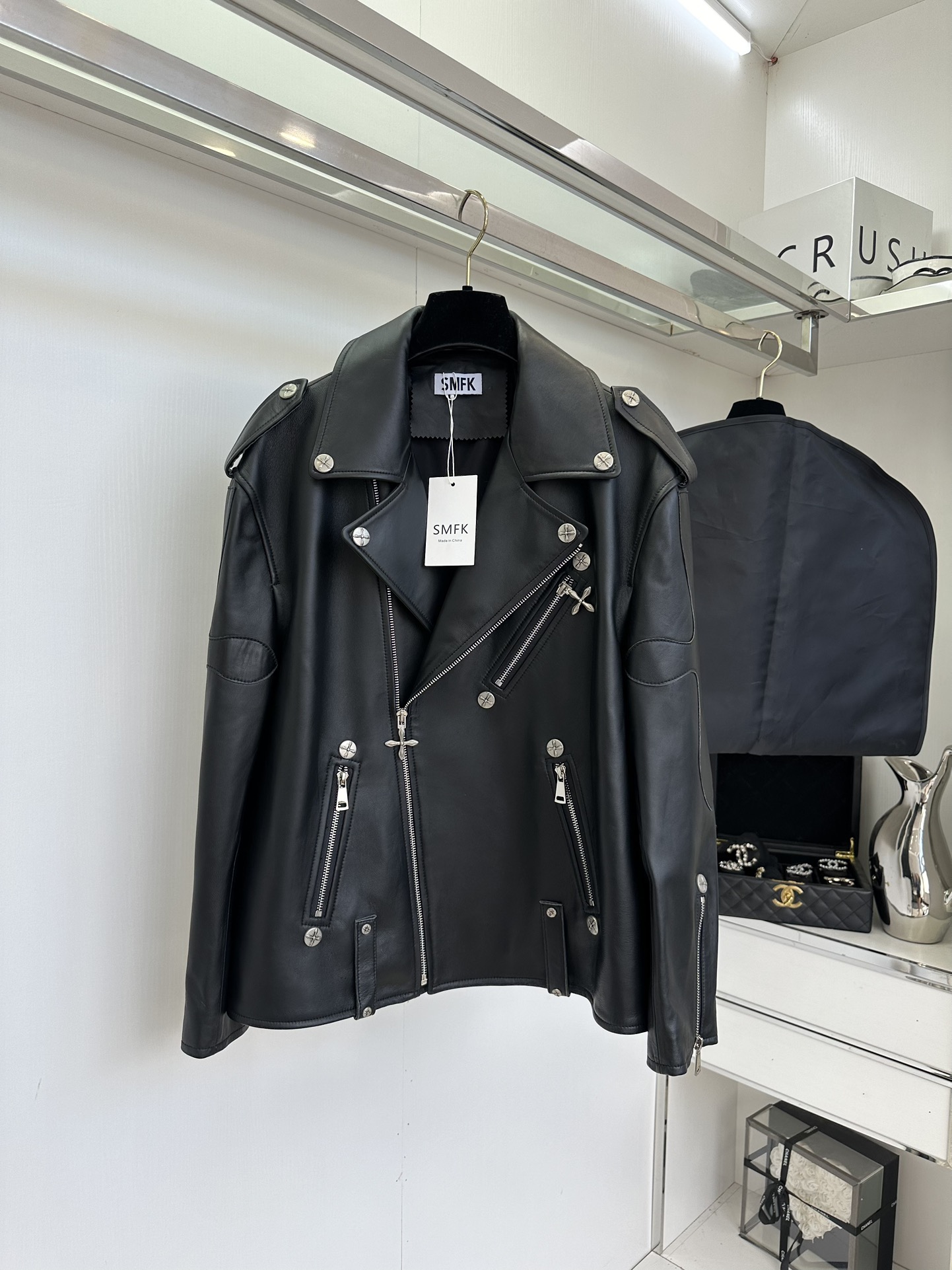 Women's Black Leather Motorcycle Jacket with White Cross Detail 2 i1757412122 5638 0