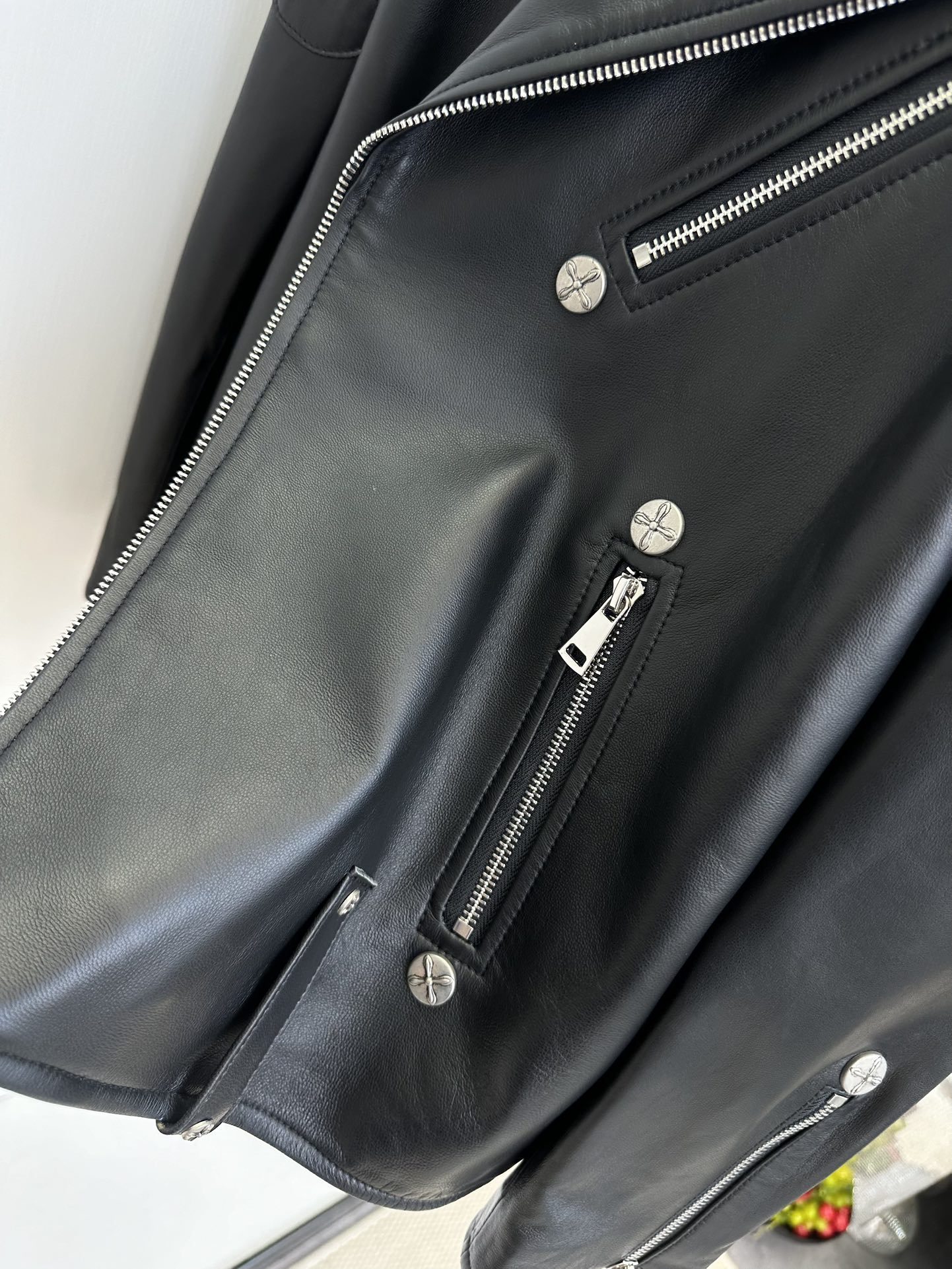 Women's Black Leather Motorcycle Jacket with White Cross Detail 10 i1757412122 7881 8