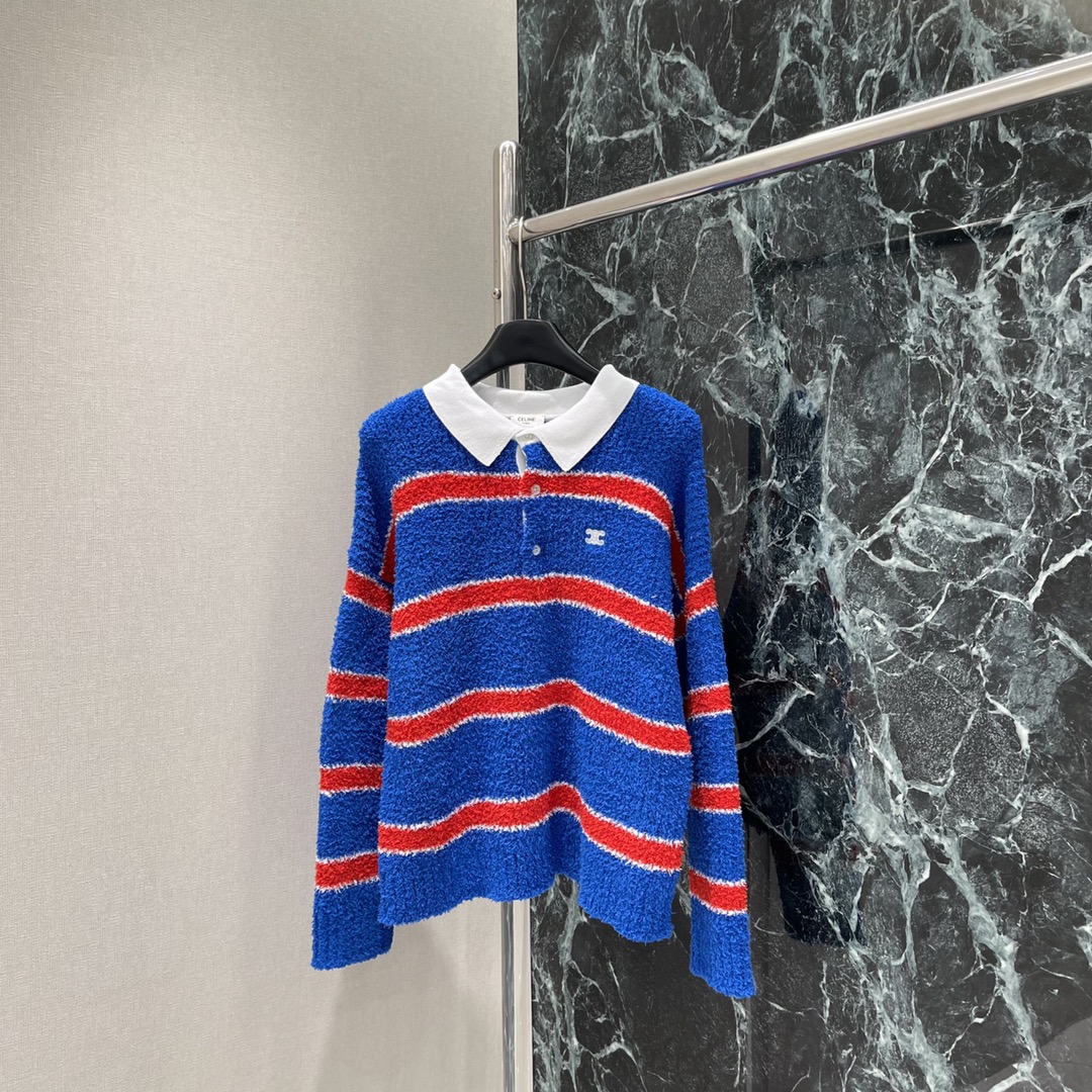 CE 25秋冬新款 凯旋门撞色条纹针织毛衣 领口小设计很有巧思，软软糯糯面料撞色假两件套 颜色超级显白➕
