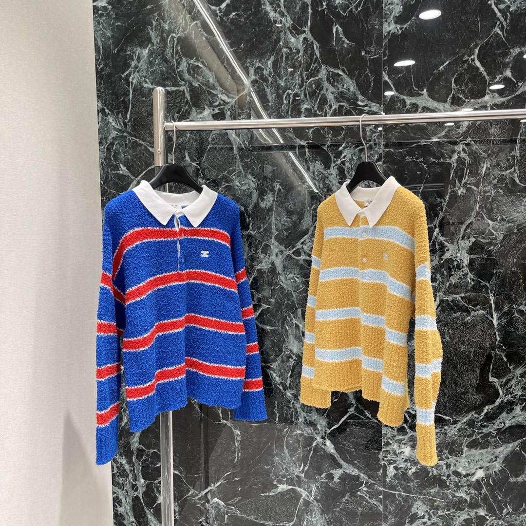 CE 25秋冬新款 凯旋门撞色条纹针织毛衣 领口小设计很有巧思，软软糯糯面料撞色假两件套 颜色超级显白➕