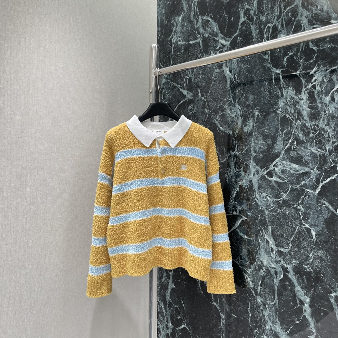 CE 25秋冬新款 凯旋门撞色条纹针织毛衣 领口小设计很有巧思，软软糯糯面料撞色假两件套 颜色超级显白➕