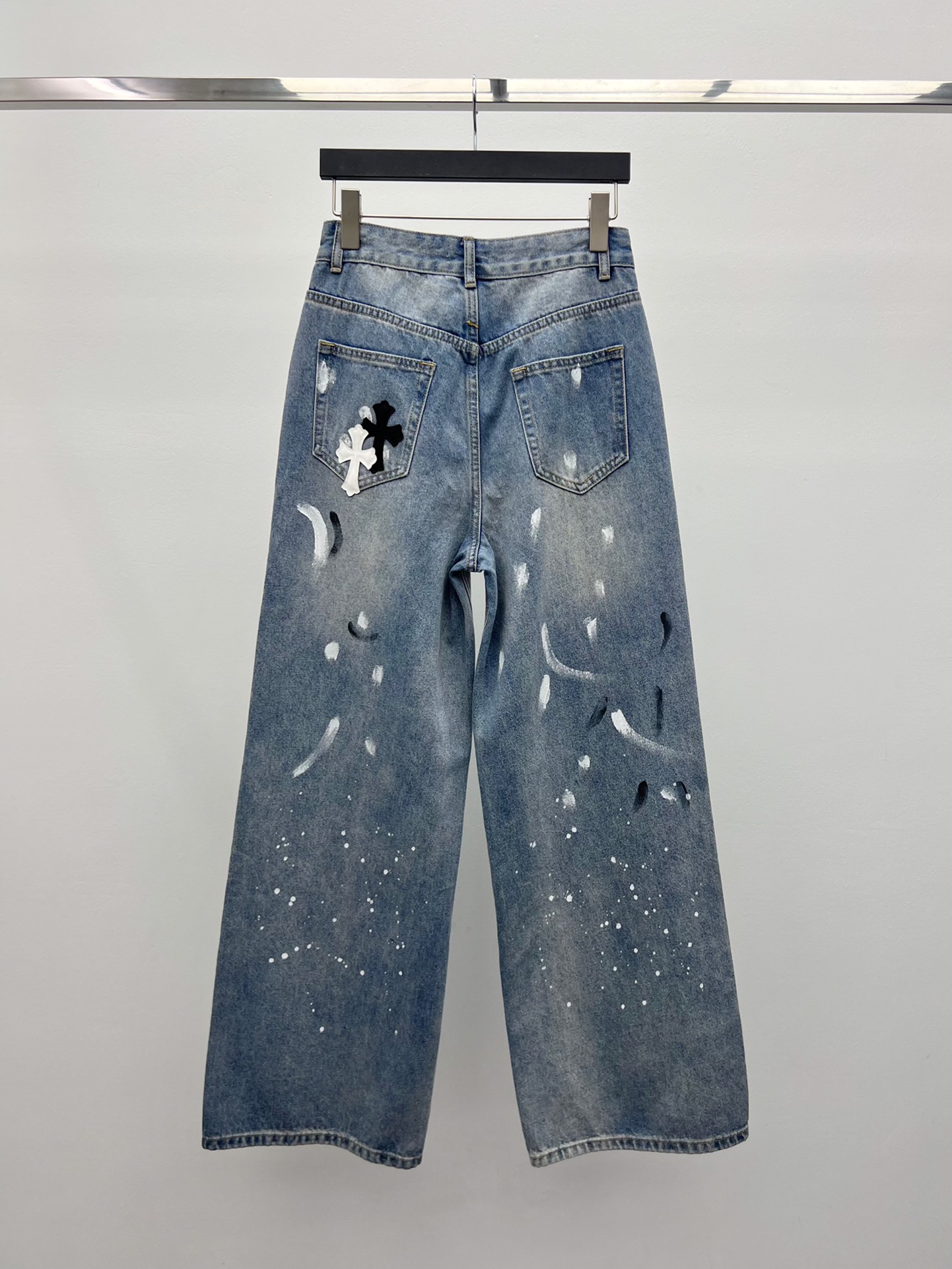 Chrome Heart*泼墨十字架阔腿裤牛仔裤重工拼皮墨点涂鸦工艺阔腿裤撞色拼皮十字架皮标➕泼墨设计简