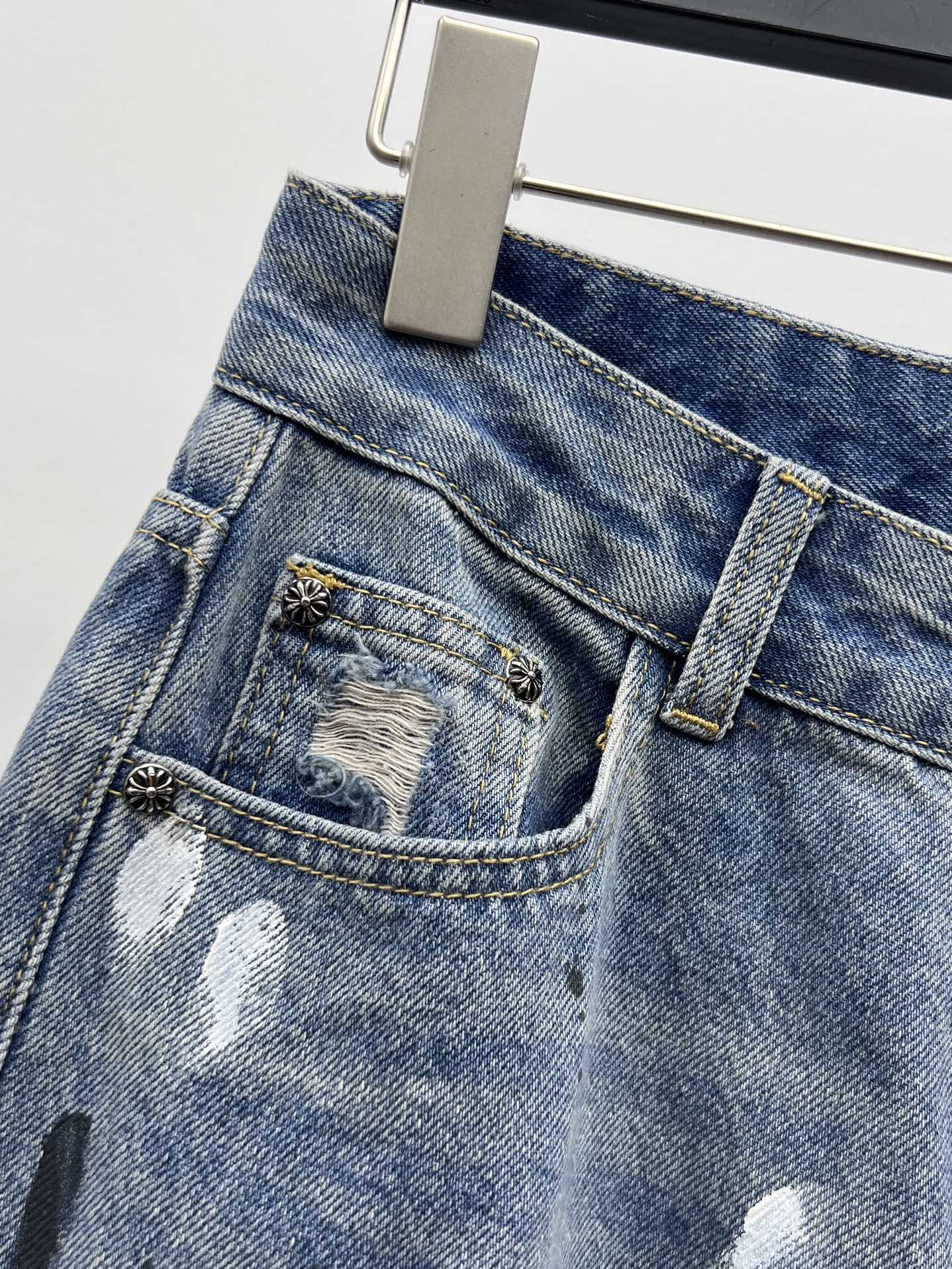 Chrome Heart*泼墨十字架阔腿裤牛仔裤重工拼皮墨点涂鸦工艺阔腿裤撞色拼皮十字架皮标➕泼墨设计简