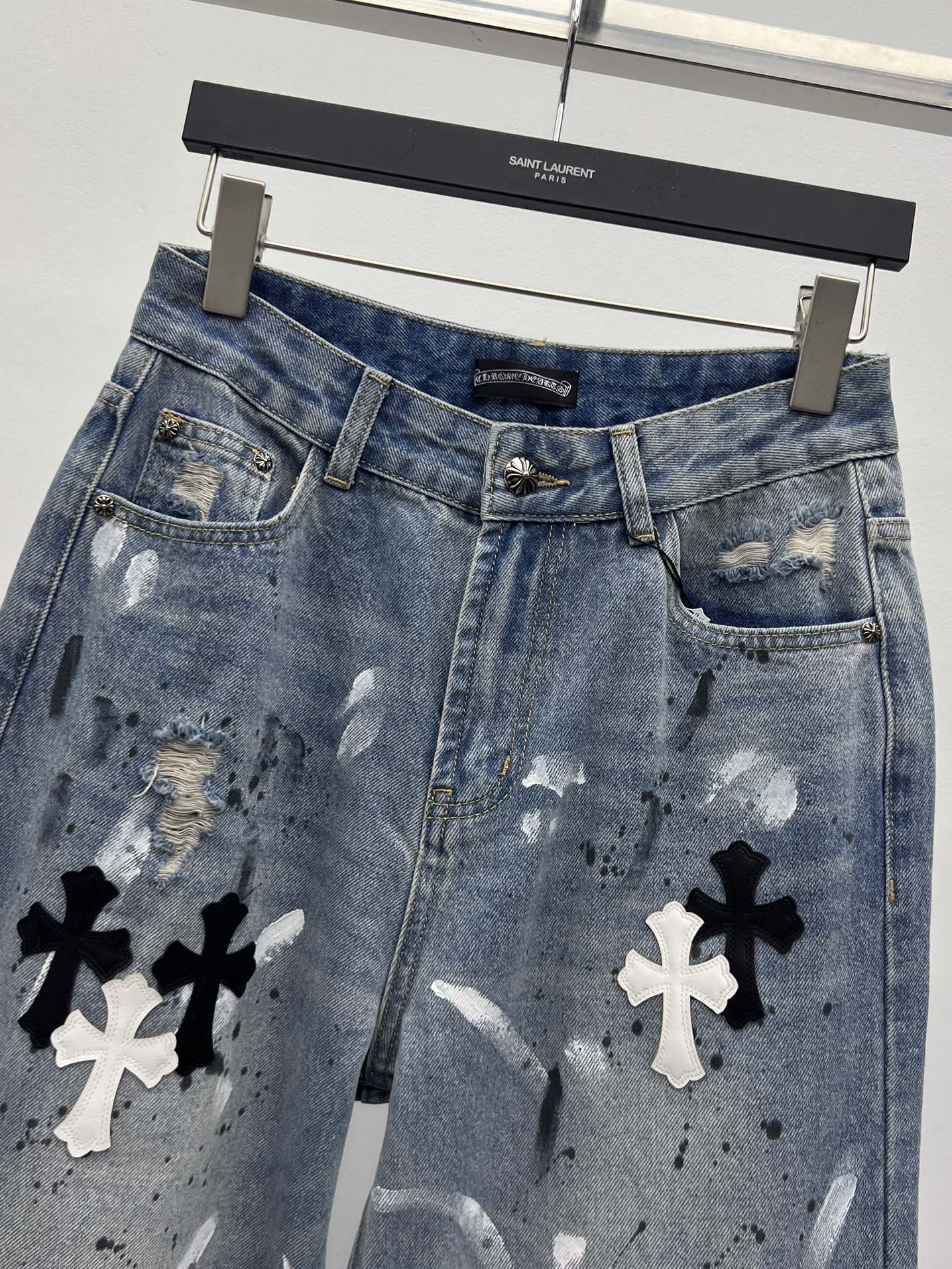 Chrome Heart*泼墨十字架阔腿裤牛仔裤重工拼皮墨点涂鸦工艺阔腿裤撞色拼皮十字架皮标➕泼墨设计简