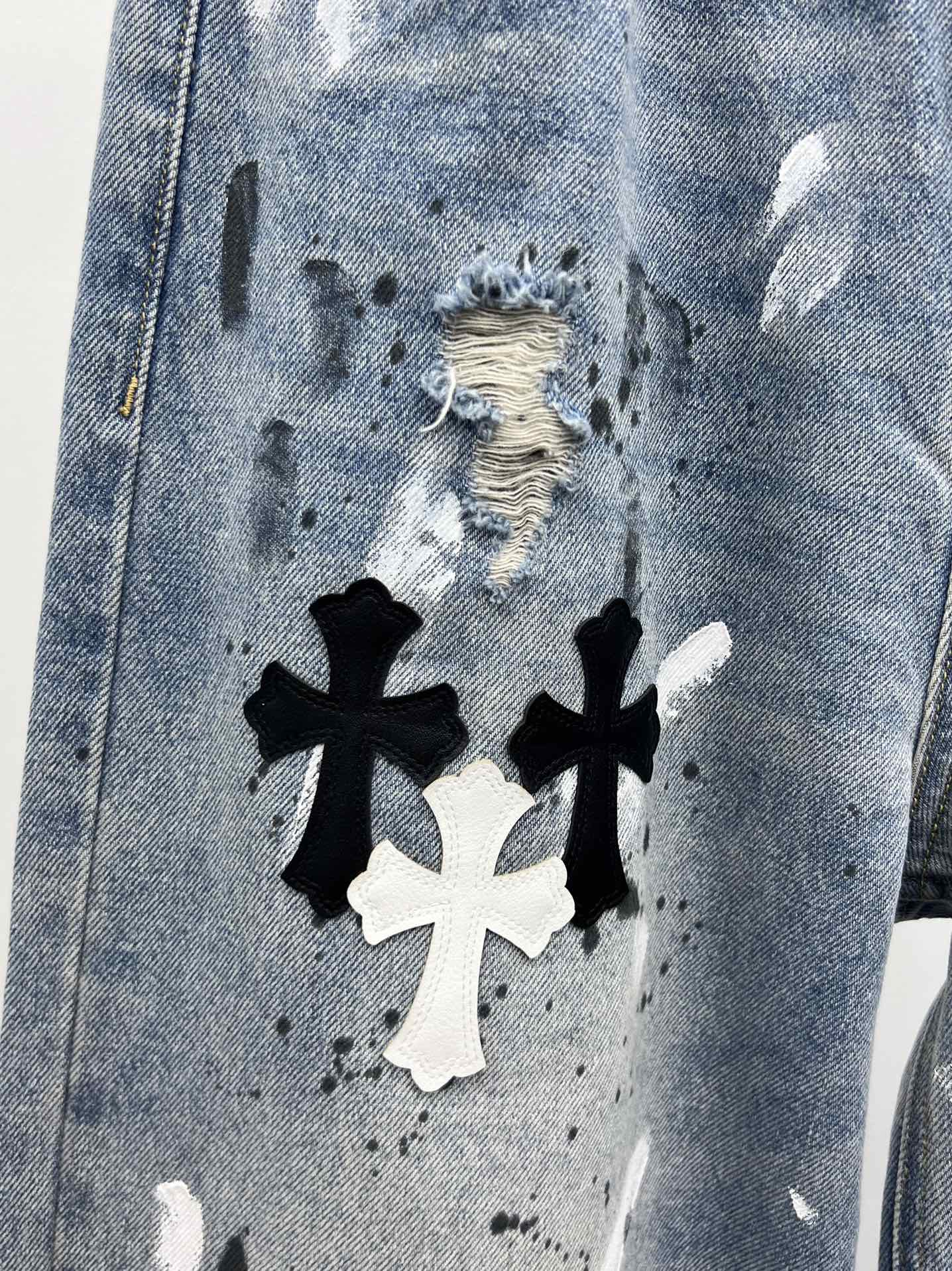 Chrome Heart*泼墨十字架阔腿裤牛仔裤重工拼皮墨点涂鸦工艺阔腿裤撞色拼皮十字架皮标➕泼墨设计简