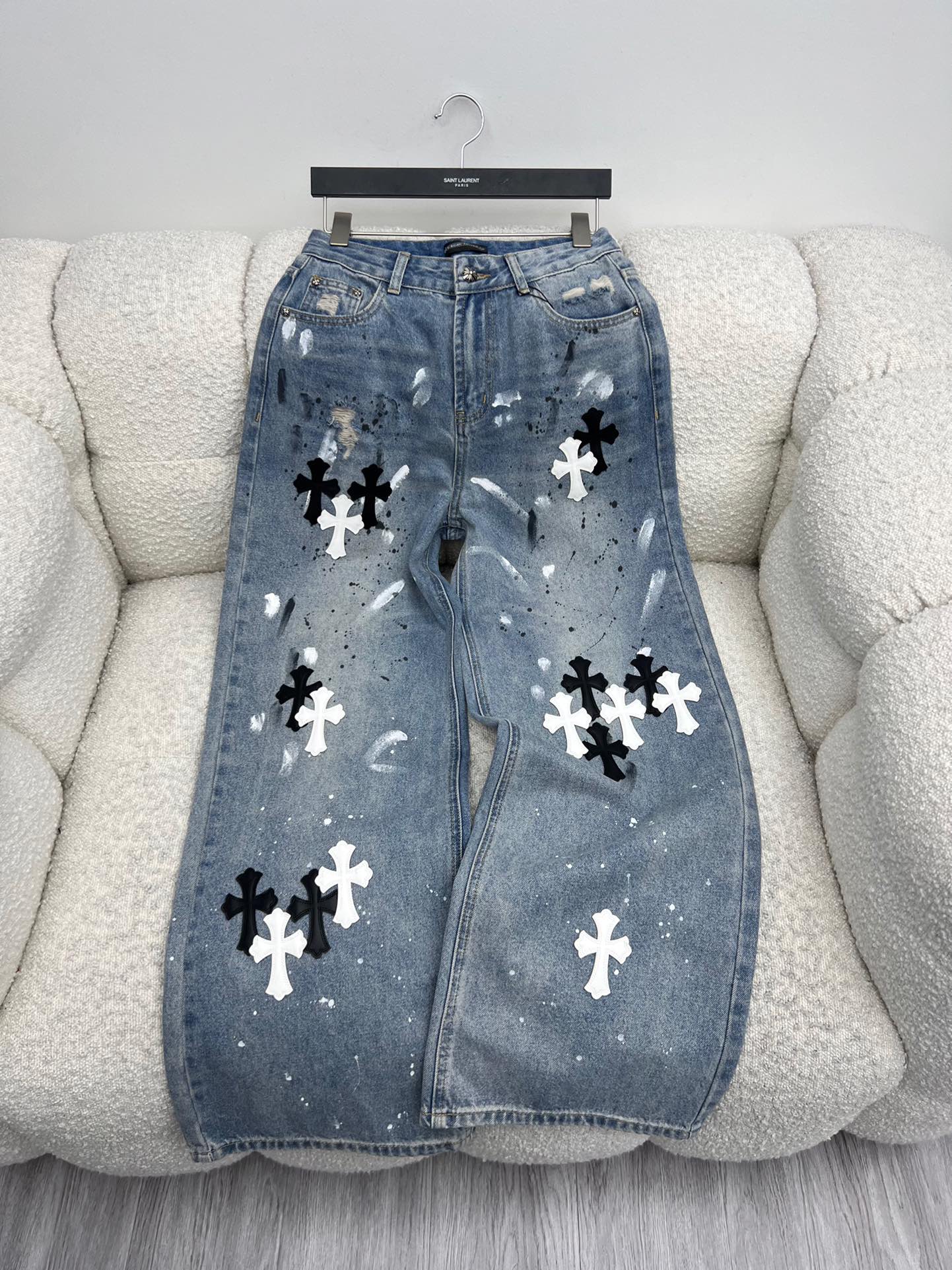 Chrome Heart*泼墨十字架阔腿裤牛仔裤重工拼皮墨点涂鸦工艺阔腿裤撞色拼皮十字架皮标➕泼墨设计简