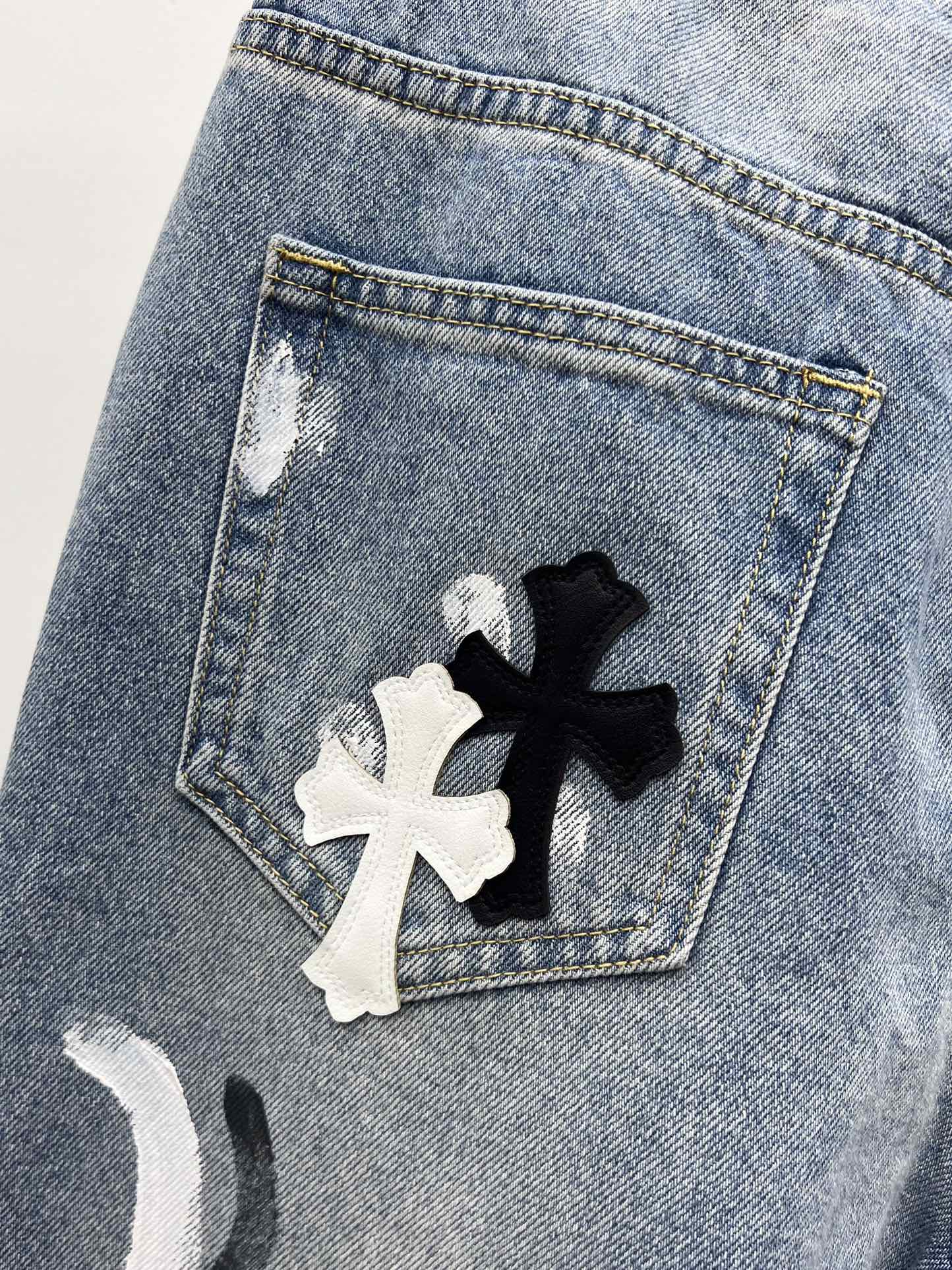 Chrome Heart*泼墨十字架阔腿裤牛仔裤重工拼皮墨点涂鸦工艺阔腿裤撞色拼皮十字架皮标➕泼墨设计简