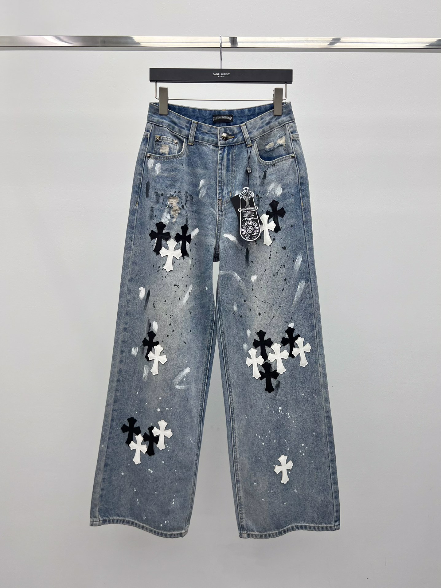 Chrome Heart*泼墨十字架阔腿裤牛仔裤重工拼皮墨点涂鸦工艺阔腿裤撞色拼皮十字架皮标➕泼墨设计简