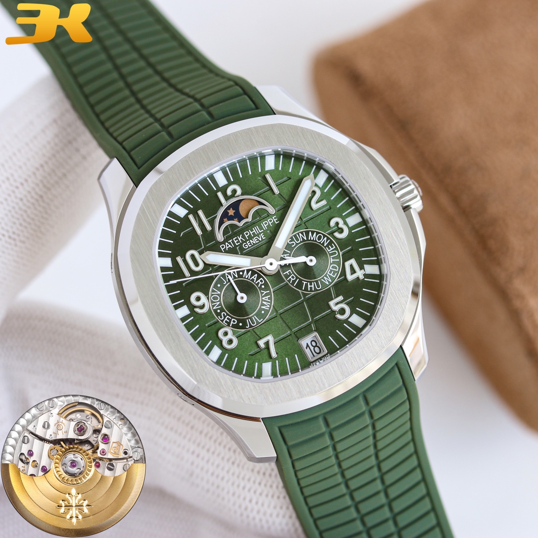 NO:947030,3K Patek Philippe PP grenade 5261R-001 new original version has arrived!  The tape is aligned with the original version, and the balance wheel position is aligned with the original version and is adjustable!  Deduct the upgrade to the original version!  V2 upgraded version!  The movement function is consistent with the official website!  Thunder King PP Patek Philippe 5261R-001 latest smiley face grenade is unisex!  Grenade series Patek Philippe Aquanaut series launches the first new convenient and practical complex function watch 5261R, once again blooming the charm of casual elegance!  The annual calendar watch adopts a 39.9 mm diameter case, equipped with a new imported movement and an automatic winding movement, with ultra-thin craftsmanship!  This watch is particularly distinctive from other Patek Philippe timepieces that are also equipped with an annual calendar display. The date and moon phase windows are located at 6 o'clock and 12 o'clock respectively, and there are auxiliary dials for the day and month at 3 o'clock and 9 o'clock.  The case and bezel adopt the iconic arc-shaped octagonal shape, combined with contrasting polishing and satin treatments. The gray-blue dial and strap are decorated with Aquanaut embossed patterns, and the Arabic numerals and baton-style hands are covered with white fluorescent coatings for easy reading. The gray-blue tape is not only extremely comfortable to wear, but also has high wear resistance. It is also embellished with the Aquanaut pattern, which complements the dial decoration. It is equipped with a folding clasp, adding a 'casual elegance' style, patek  philippe198609093K百达翡丽 PP手雷5261R-001新款对版原装到货！胶带对版原装,摆轮位置对版原装可调！扣升级对版原装！ V2升级版！机芯功能与官网一致！ 雷王 PP 百达翡丽 5261R-001最新款笑脸手雷男女通用！手雷系列 百达翡丽 Aquanaut系列 推出首款新增便捷实用的复杂功能腕表5261R,再度绽放休闲优雅魅力！ 年历腕表采用39.9毫米直径表壳,搭载新型进口机芯改自动上弦机芯,超薄工艺！ 此款腕表比同样配备年历显示的其他百达翡丽时计格外与众不同.日期和月相视窗分别位于6时和12时位置,3时和9时位置则设有星期和月份辅助表盘. 表壳及表圈采用标志性的圆弧八角形造型,结合对比鲜明的抛光与缎纹处理.灰蓝色表盘及表带饰有Aquanaut浮雕图案,阿拉伯字块及巴顿式指针,均覆以白色荧光涂层,读时一目了然. 搭配灰蓝色胶带不仅佩戴分外舒适,而且耐磨性较高,同时缀饰Aquanaut图案,与表盘装饰相映成趣,配备折叠式表扣,更添“休闲优雅”风范,,patek philippe,Watch