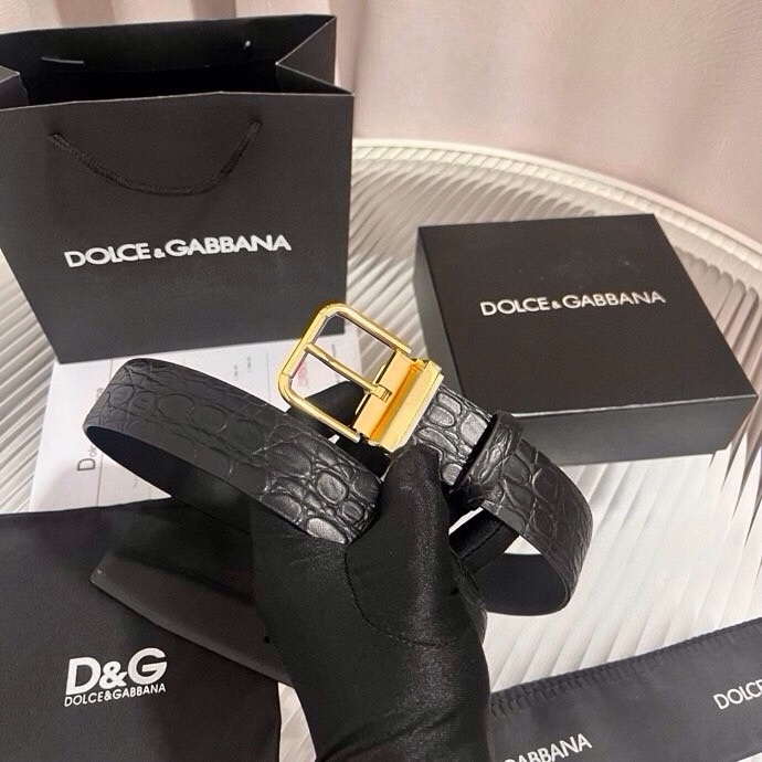 Dolce & Gabbana Black Crocodile Leather Belt with Gold Buckle, 35 mm