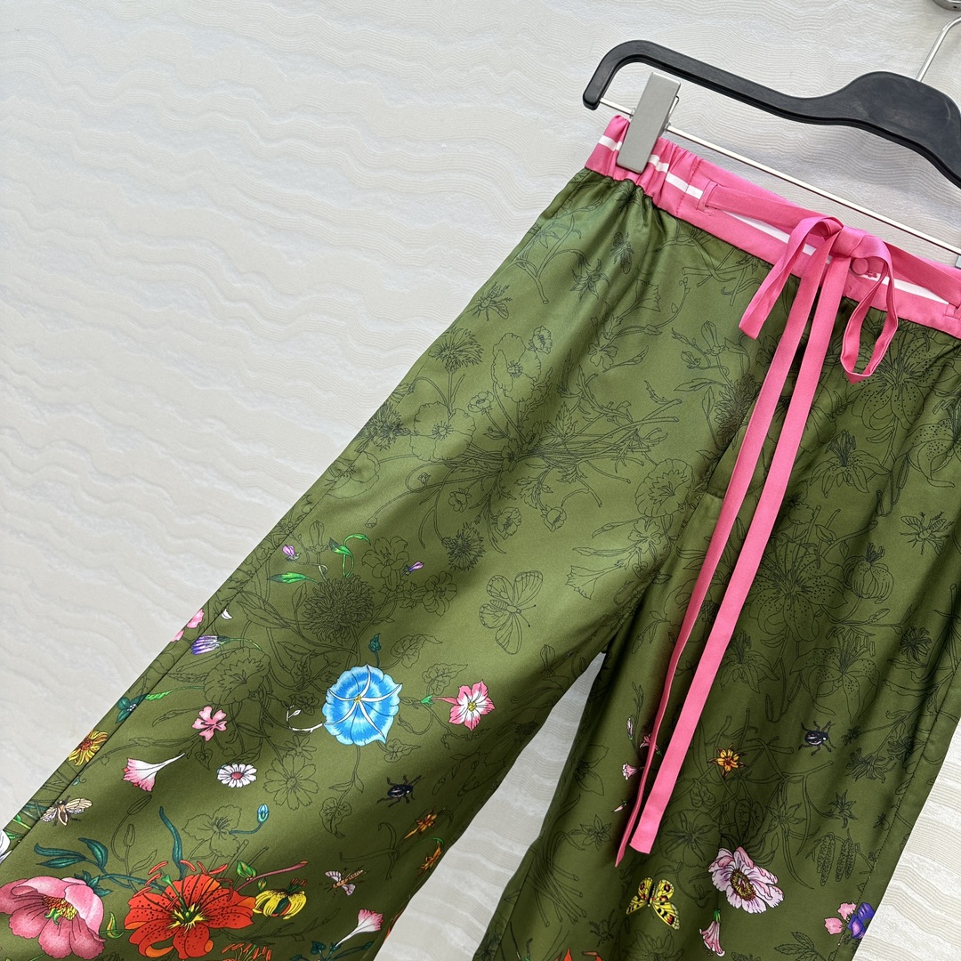 独家首发❤️原单品质💕GG浪漫度假印花真丝直筒裤！全定位对花工艺，100%真丝斜纹绸质感超赞！系带松紧腰