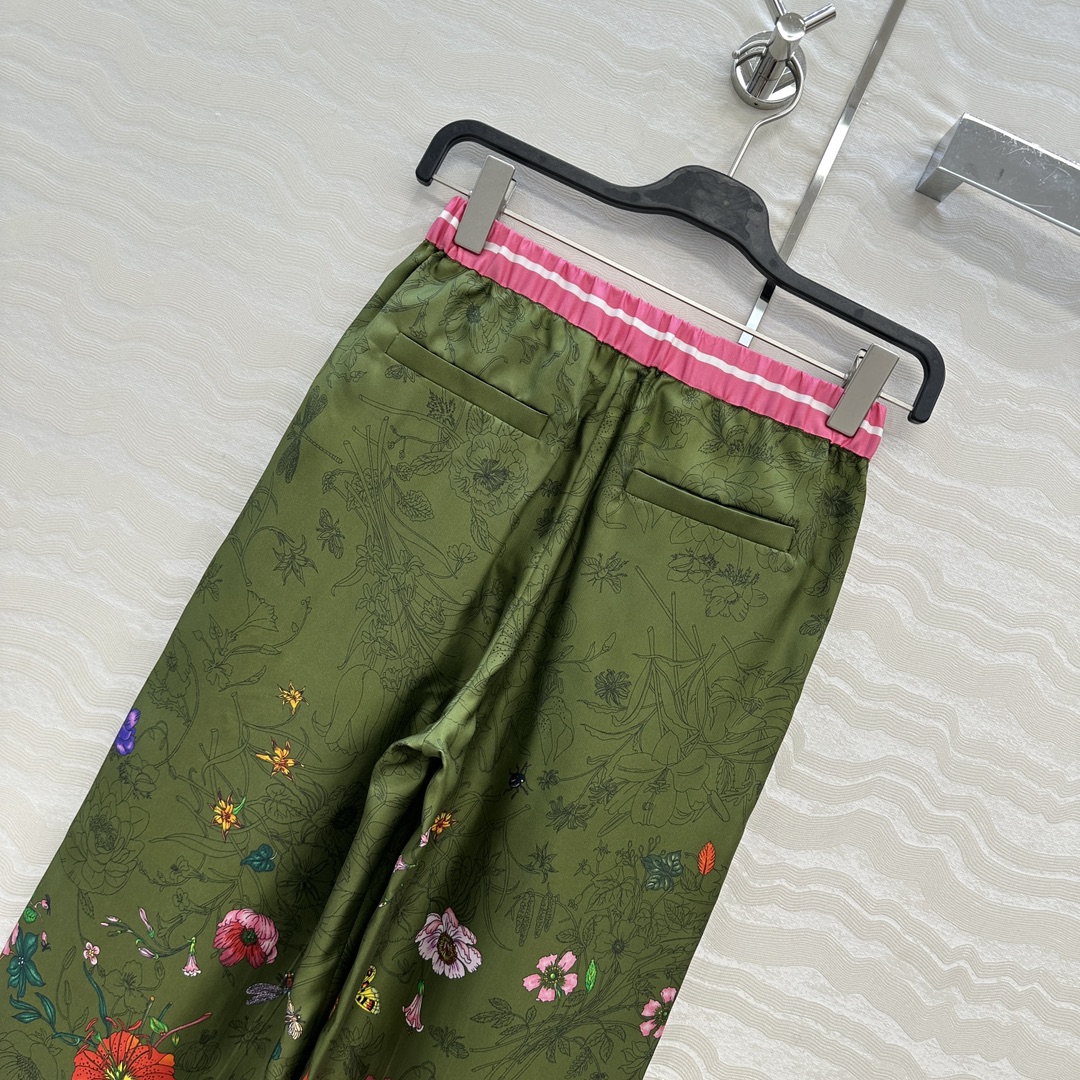 独家首发❤️原单品质💕GG浪漫度假印花真丝直筒裤！全定位对花工艺，100%真丝斜纹绸质感超赞！系带松紧腰