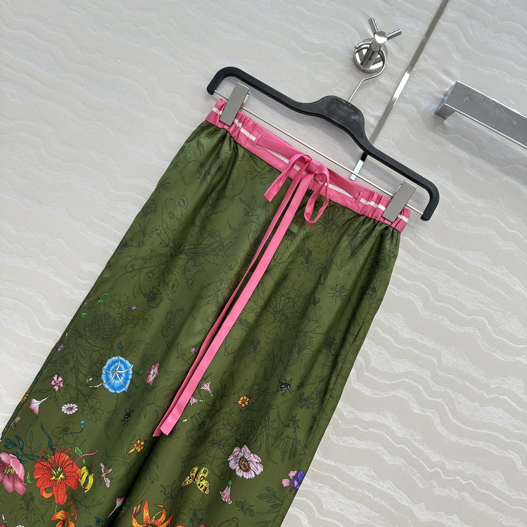 独家首发❤️原单品质💕GG浪漫度假印花真丝直筒裤！全定位对花工艺，100%真丝斜纹绸质感超赞！系带松紧腰