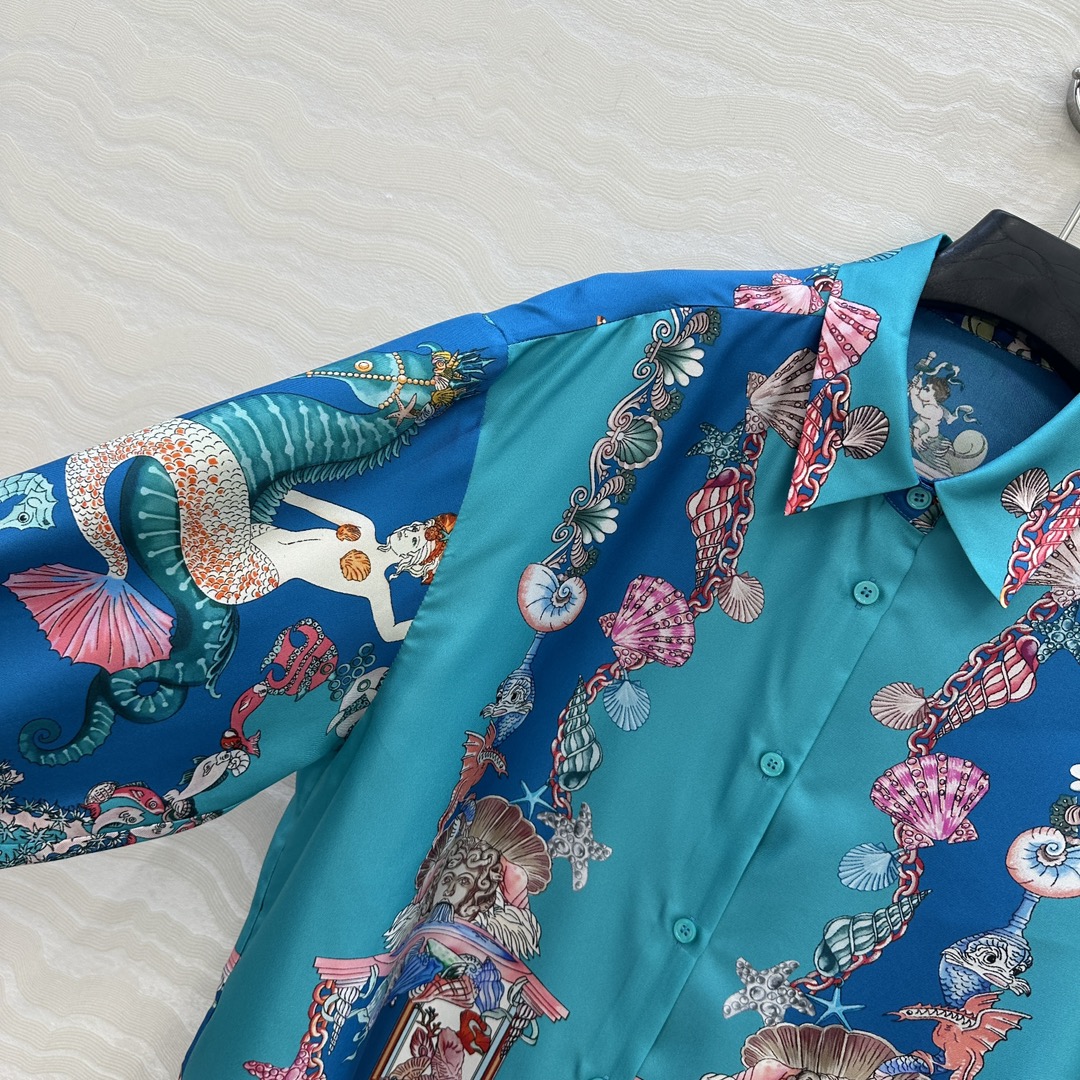 爆单推荐❤️原单品质，海洋的巴洛克人鱼🧜公主印花真丝衬衫！游鱼、珊瑚与奇异纹饰演绎深蓝魅影。100%真丝