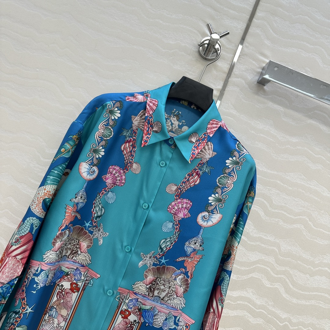 爆单推荐❤️原单品质，海洋的巴洛克人鱼🧜公主印花真丝衬衫！游鱼、珊瑚与奇异纹饰演绎深蓝魅影。100%真丝