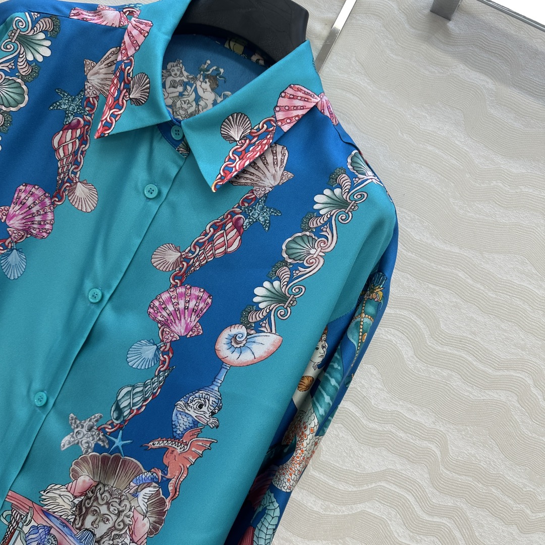 爆单推荐❤️原单品质，海洋的巴洛克人鱼🧜公主印花真丝衬衫！游鱼、珊瑚与奇异纹饰演绎深蓝魅影。100%真丝