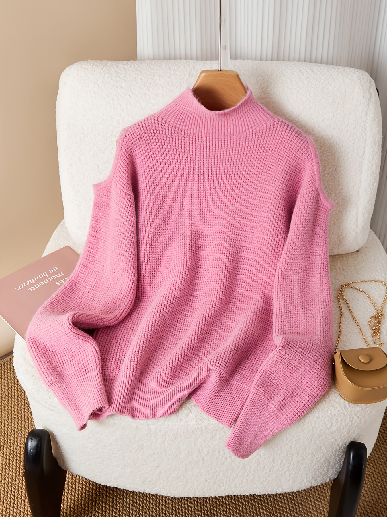 NO:517615,T026 2025 autumn and winter new half-neck off-shoulder sweater SML pink, alexander wang19860909T026 2025秋冬新款半领露肩针织衫 SML 粉色,,alexander wang,Women's clothing
