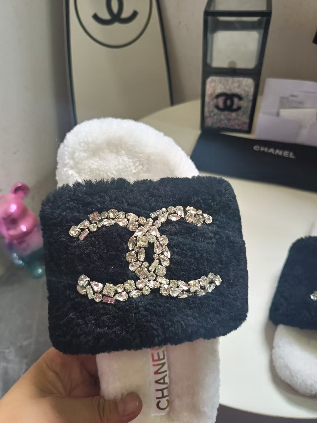 Chanel Inspired Fuzzy Slippers with Rhinestone Logo | Warm & Stylish