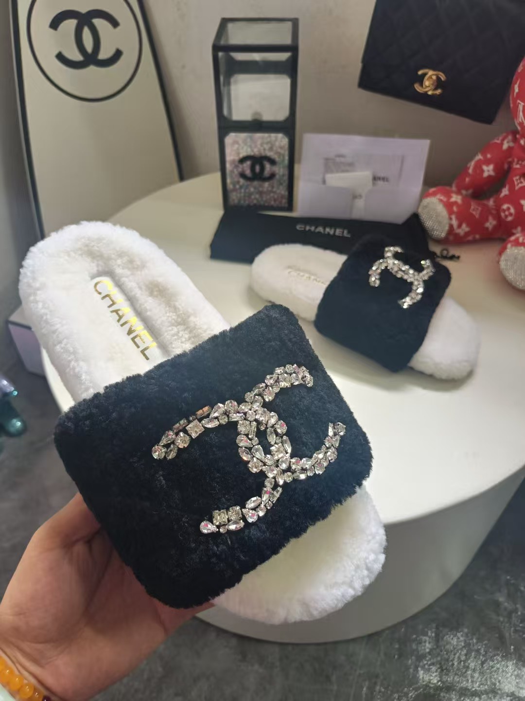 Chanel Inspired Fuzzy Slippers with Rhinestone Logo | Warm & Stylish 4 i1757997565 3798 2