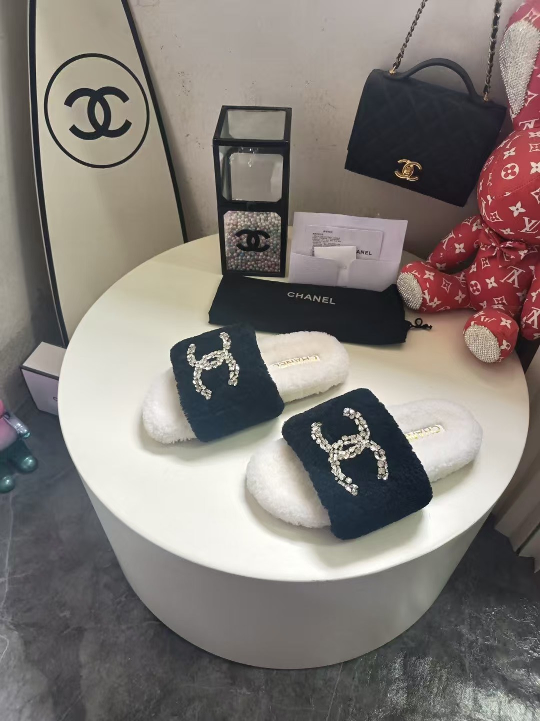 Chanel Inspired Fuzzy Slippers with Rhinestone Logo | Warm & Stylish 8 i1757997565 5225 6