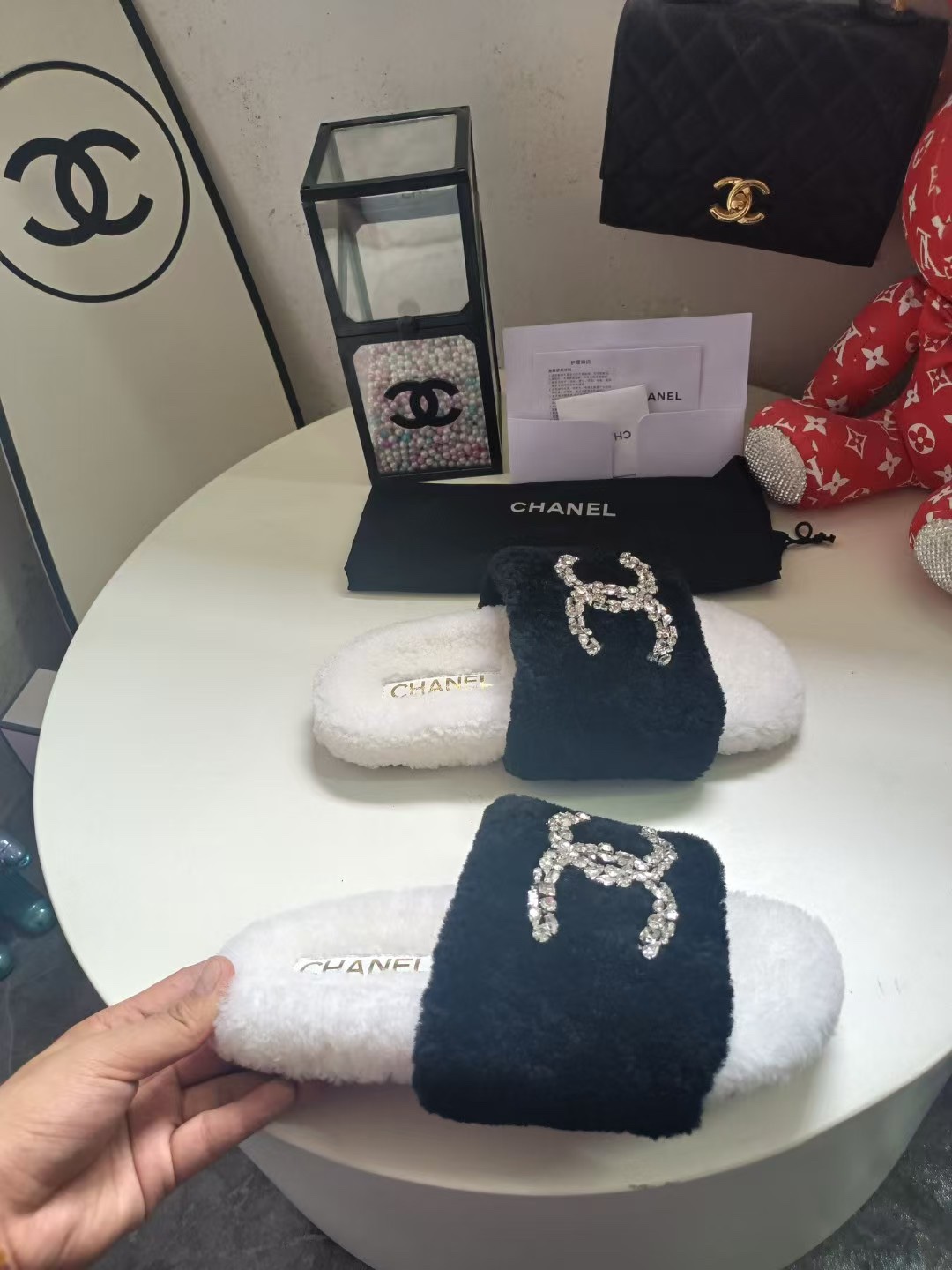 Chanel Inspired Fuzzy Slippers with Rhinestone Logo | Warm & Stylish 6 i1757997565 5550 4