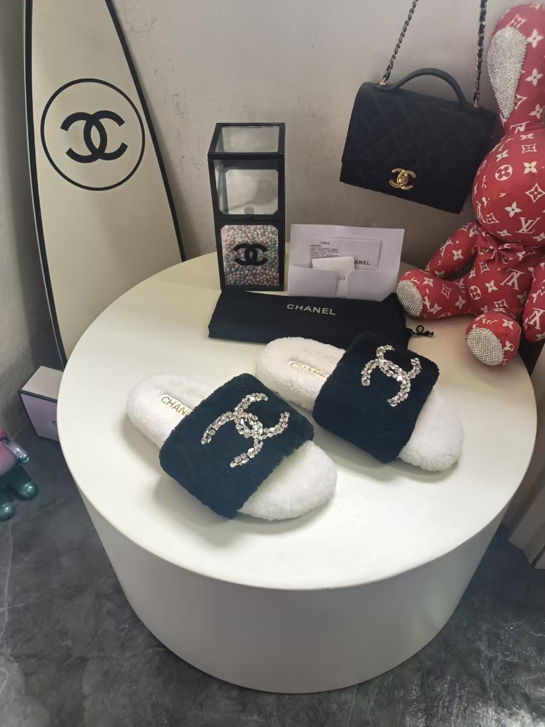 Chanel Inspired Fuzzy Slippers with Rhinestone Logo | Warm & Stylish 7 i1757997565 5961 5
