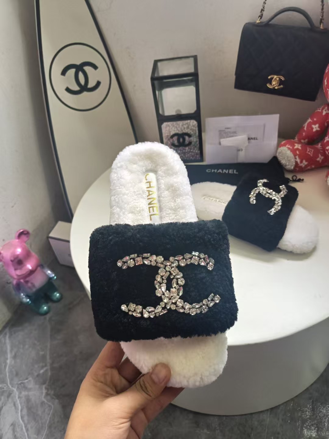 Chanel Inspired Fuzzy Slippers with Rhinestone Logo | Warm & Stylish 5 i1757997565 7092 3