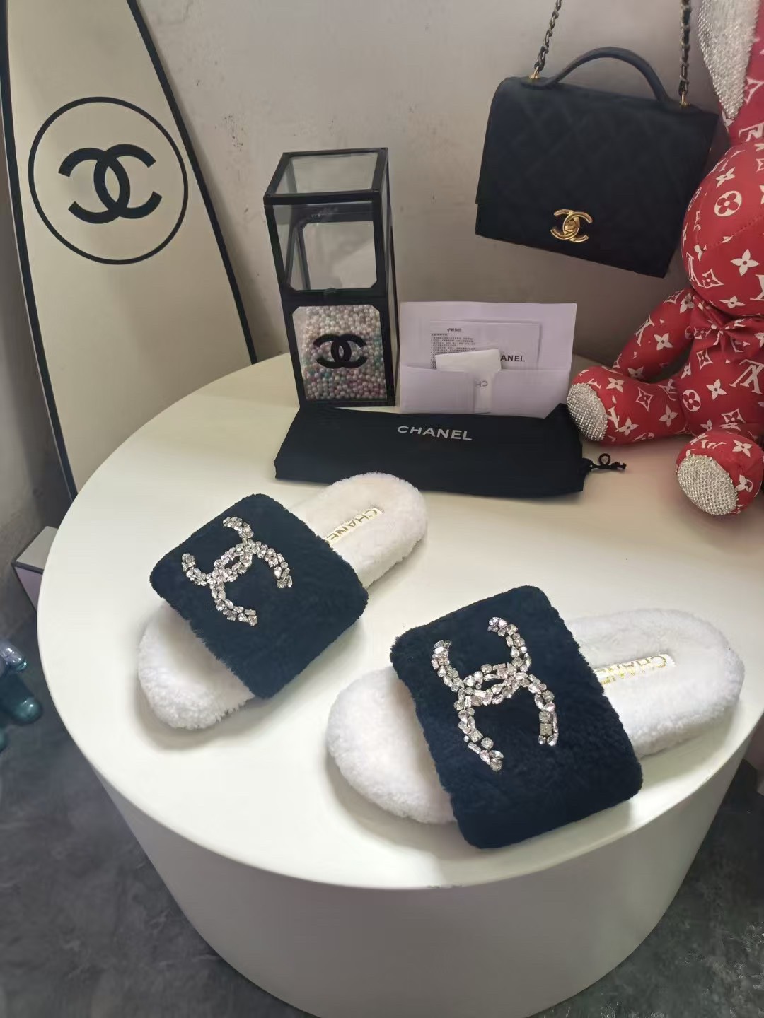 Chanel Inspired Fuzzy Slippers with Rhinestone Logo | Warm & Stylish 3 i1757997565 8944 1