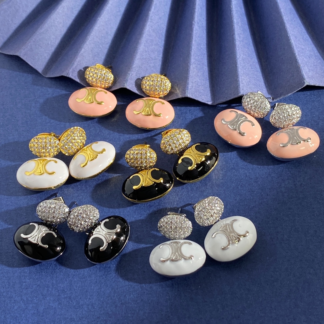 Celine Triomphe Enamel Pave Drop Earrings earrings Gold-tone metal with white enamel and clear pave crystals Silver-tone metal with white black or pink enamel and clear pave crystals One Size