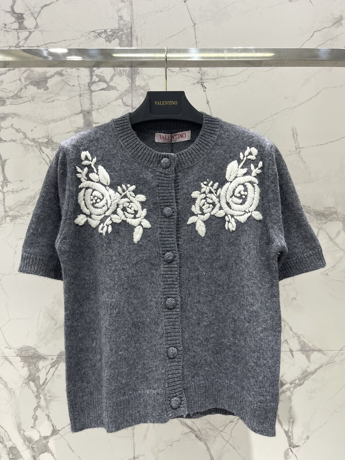Valentino Cardigan Short Sleeve Embroidered Knitted Gray