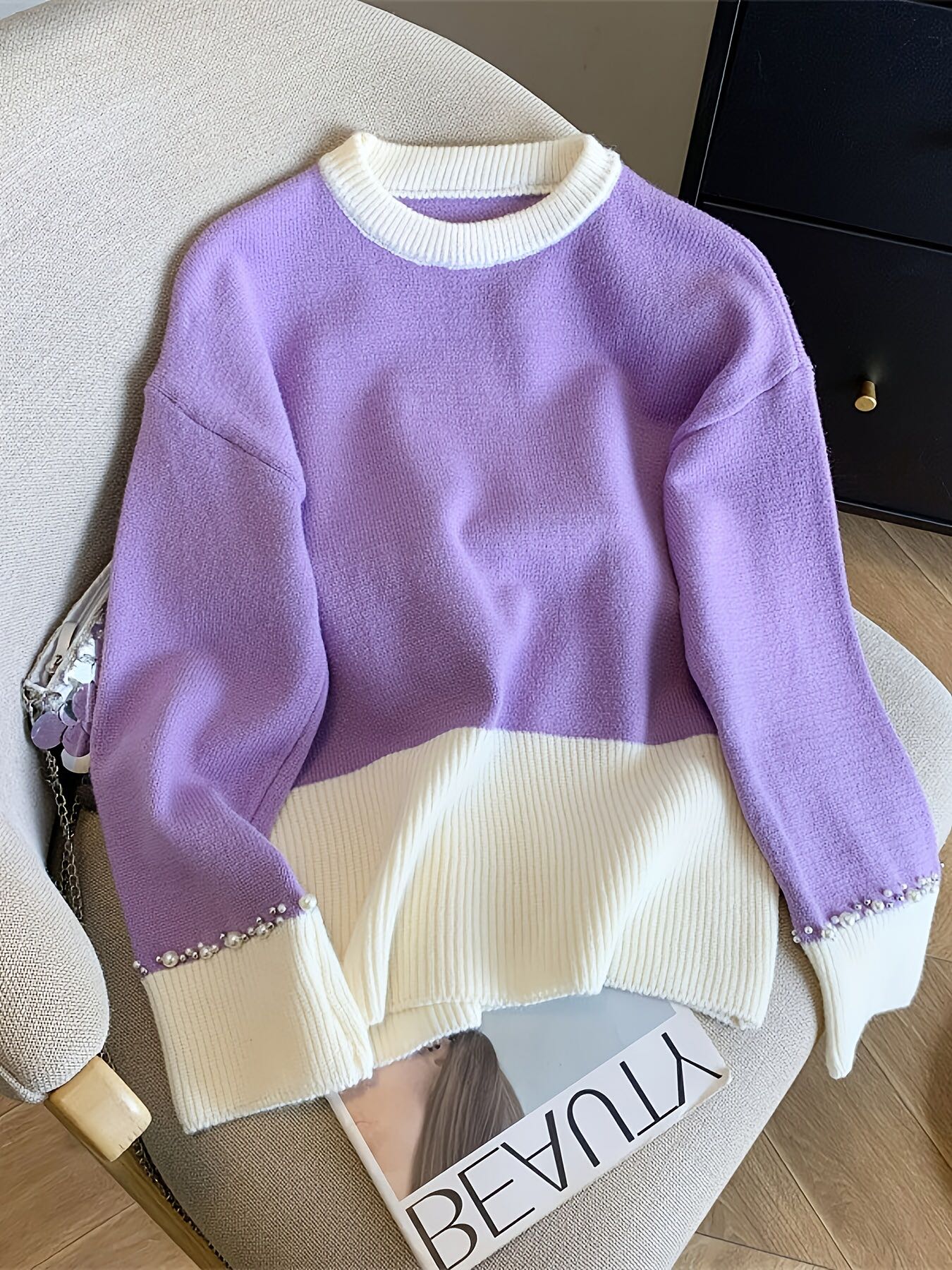 NO:517604,T030 Violet contrasting pearl thick round neck top SML purple, alexander wang19860909T030 紫罗兰撞色珍珠厚款圆领上衣 SML 紫色,,alexander wang,Women's clothing
