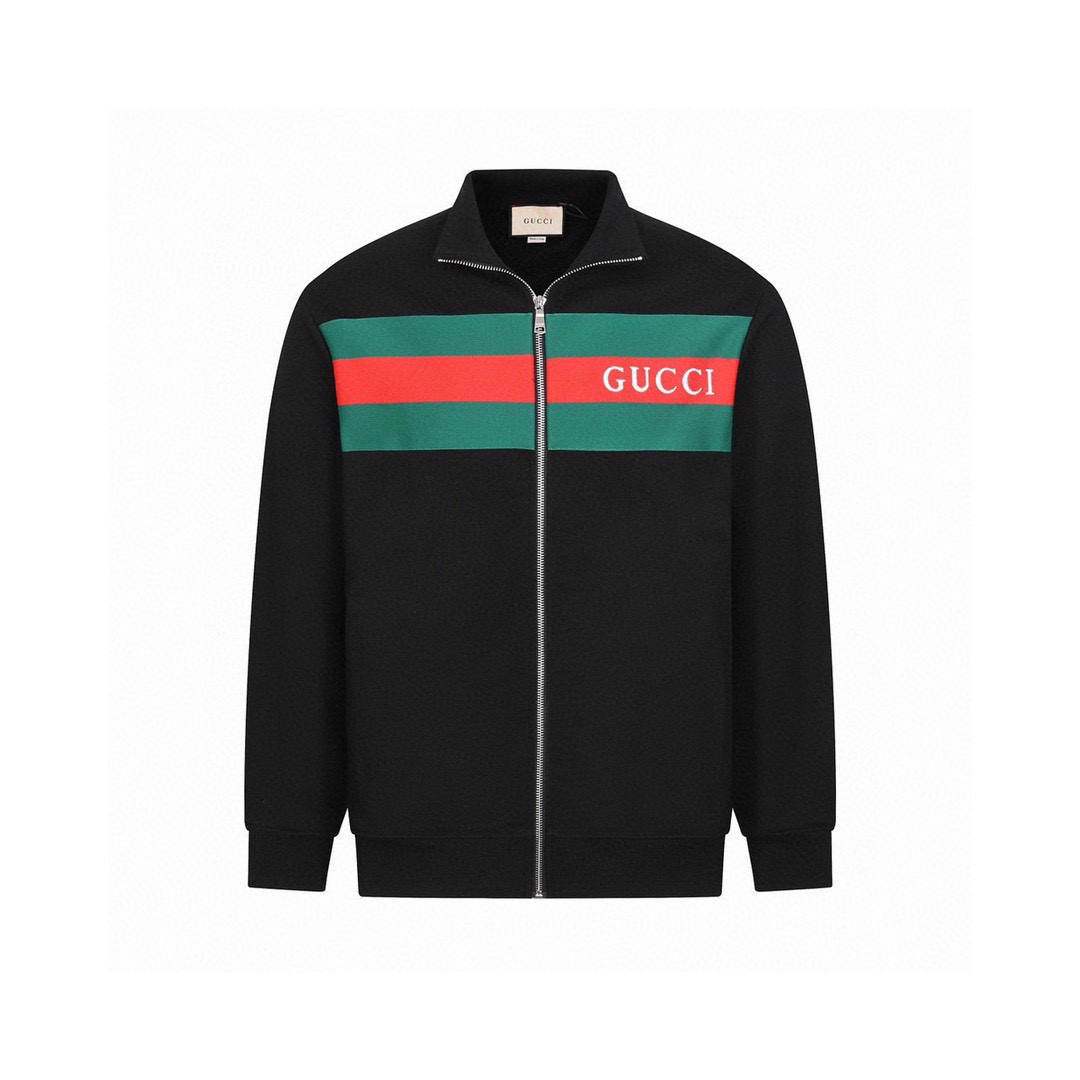 古驰/Gucci 秋冬新款 经典刺绣字母撞色拼接开衫拉链外套 红绿条拼色刺绣卫衣