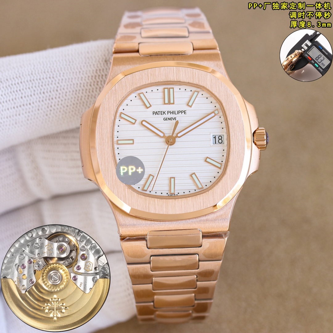 NO:340803,White Steel Rose Gold (New Buckle) [PATEK PHILIPPE] Patek Philippe Elegant Sports Series 5711/1A Nautilus, produced by PP factory, special offer, non-stop seconds, the king of steel watches, the thinnest steel watches, the best detoxification solution on the entire network!  In terms of details, 1 exclusive custom version of the movement 9015 integrated Cal.324 automatic non-stop movement, non-stop function when adjusting, and balance position are consistent with the official automatic machinery. 2 steel belt 316L customized ergonomic strap!  The middle beads of the steel belt are diamond-shaped, and the top-grade steel belt is combined with the genuine product. 3 Nautilus classic blue disc, currently improved the color consistent with the genuine product, upgraded the dial luminous effect, welcome to compare 4 diameter 40 mm, thickness only 8.3 mm is equivalent to the original thickness. Wearing 5711/1A not only demonstrates youthful vitality, but also exudes a strong calm atmosphere from the inside out. It is a well-deserved 