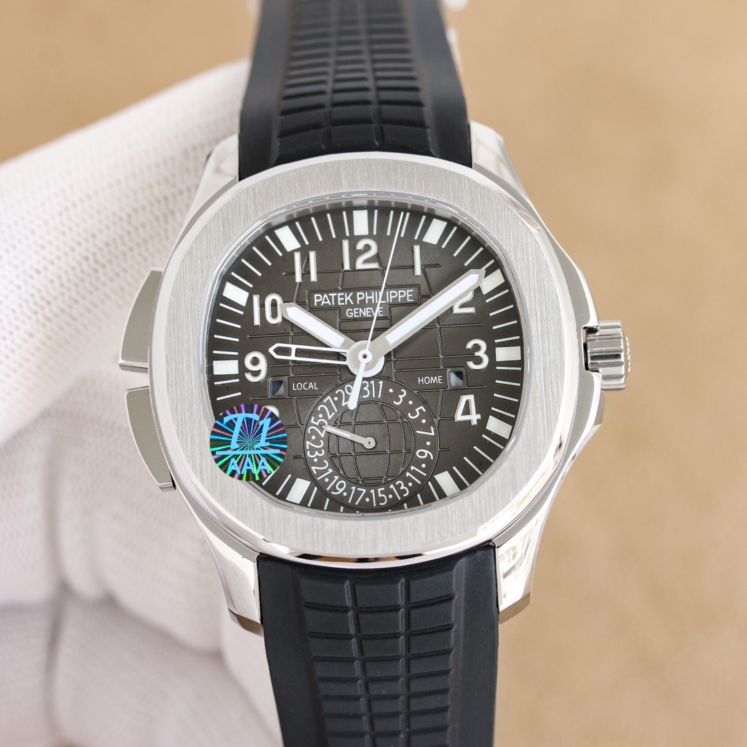 NO:340818,Unified PP factory Patek Philippe 5164's first functional version, a top sports watch with innovative technology and practical functions. It is a 40.8 mm diameter, stainless steel material, polished and brushed alternately, with a strong sense of layering. The strap is made of fluoroelastic belt, and the back is a comfortable technical material. This strap is very soft, durable and fits the wrist. The soul of this grenade watch is not his simple GMT needle, but a two-site time mechanism patented by Patek Philippe, which is extremely elegant and convenient to operate. There are two hidden buttons on the left side of the case, both used to adjust the hour hand and double time zone to achieve functional version. There are a small window on the left and right of the dial, which shows the day and night status of LOCAL and HOME respectively. Equipped with Patek Philippe Caliber324S S  FUS automatic winding movement, with Gyromax balance wheel and Spromax hairspring, ensuring ultra-high accuracy when walking every day. The PP factory has worked hard to create the first version function, welcomes all watch friends to appreciate it, patek philippe19860909统一 PP厂百达翡丽5164首家功能对版,一款集创新技术,实用功能独特设计于一身的运动顶级腕表.40.8的毫米直径,不锈钢材质,经过抛光和拉丝交替处理,层次感强.表带采用氟橡胶带材质,背面为舒适的技术材质,这种表带非常柔软,耐用且贴合手腕.这款手雷腕表的灵魂所在,并非他简单的GMT针,而是百达翡丽专利的两地时机制,操作极其优雅和便捷.表壳左侧有两个隐藏式按钮,分别都用于快调时针,双时区,实现功能对版.表盘左右各有一个小巧的视窗,分别显示 LOCAL 和HOME的昼夜状态 .搭载百达翡丽Caliber324S S FUS自动上链机芯,拥有Gyromax摆轮和Spromax游丝,确保每天走时的超高精准.PP厂用心良苦打造首家对版功能,欢迎各大表友品鉴,,patek philippe,Watch