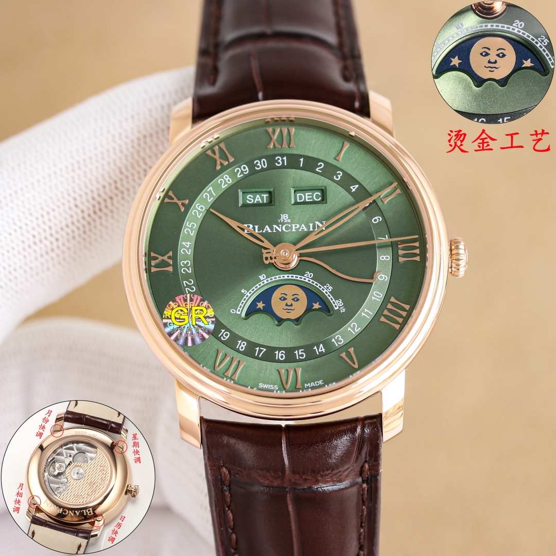 NO:340899,White Gold GR Factory's new Blancpain classic series 6654 full calendar moon phase watch 1 step-by-step case, simple and three-dimensional, 40mm diameter 2 simple and elegant dial, concentric circle layout is clear and easy to read, with three-dimensional hour markers on the outer Roman characters, and the inner circle calendar indication; 3 hollow willow leaf needles, logo large seconds hand, and blue steel calendar needles, each perform their duties, 11 o'clock and 1 o'clock windows, display week and month. Equipped with a 6654.5 automatic winding movement, the power reserve is up to 72 hours, and the four-way hidden adjustment buttons are cleverly integrated into the lugs, taking into account convenient operation and aesthetic balance. Blancpain's moon phase face was once talked about by watch friends, and the playful face and emoji expression are similar.  It is not only a tool for recording time, but also an artistic treasure on the wrist, demonstrating the noble temperament of the wearer, and can become the focus of both business and leisure occasions.19860909白 金 GR Factory新品宝珀经典系列6654全历月相腕表 1阶梯式表壳,简约中有立体感,表径40mm 2素雅表盘,同心圆布局清晰易读,外围罗马字立体时标,内圆日历指示； 3镂空柳叶针、logo大秒针、蓝钢日历针,三者各司其职,11点位与1点位窗口,显示星期与月份. 搭载6654.5自动上链机芯,动力储存长达72小时,四方位隐藏式调校按钮巧妙融入表耳,兼顾便捷操作与美学平衡,宝珀的月相脸一度被表友们津津乐道,俏皮小脸与emoji表情有异曲同工之妙. 它不仅是记录时间的工具,更是腕间的艺术珍品,彰显佩戴者的尊贵气质,无论商务还是休闲场合,都能成为焦点.,,Watch
