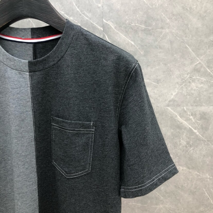 THOM BROWNE 汤姆布朗 TB双拼色明线开衩纯棉短袖圆领T恤 男女同款情侣款\n码数：1-5 颜