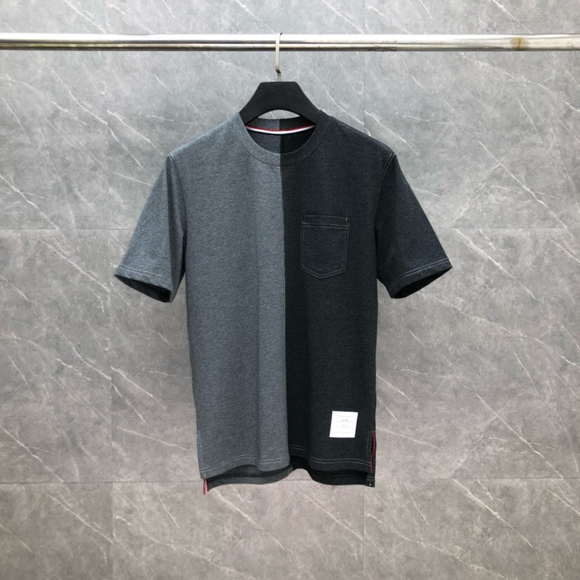 THOM BROWNE 汤姆布朗 TB双拼色明线开衩纯棉短袖圆领T恤 男女同款情侣款\n码数：1-5 颜