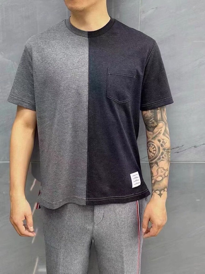 THOM BROWNE 汤姆布朗 TB双拼色明线开衩纯棉短袖圆领T恤 男女同款情侣款\n码数：1-5 颜