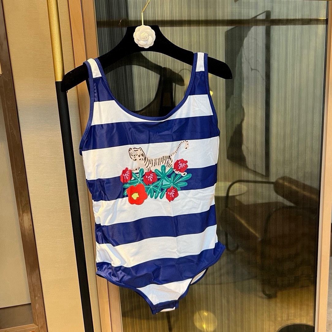 Gucci Striped Swimsuit with Floral Tiger Appliqué - Beach Ready