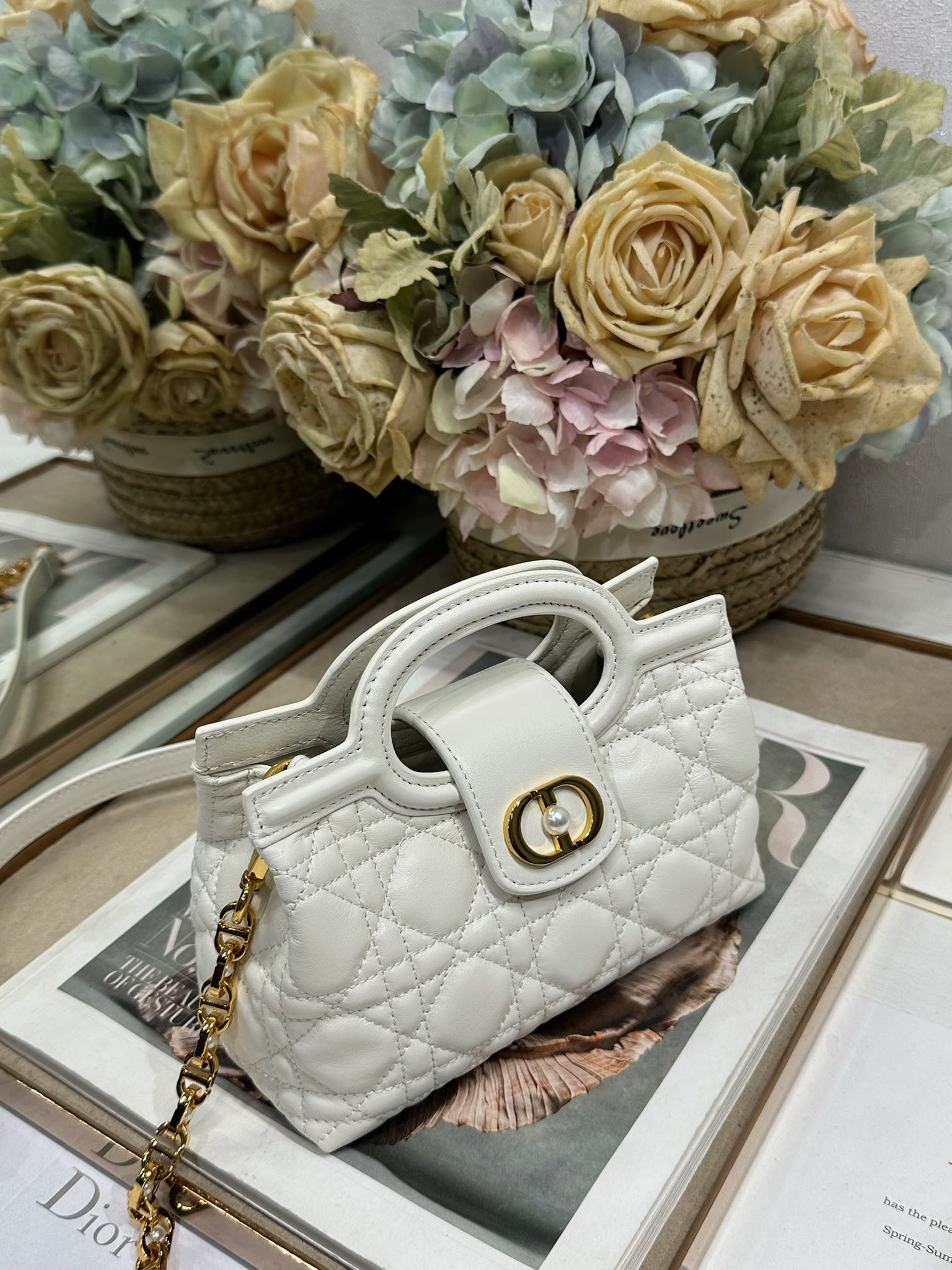 Dior Jolie Top Handle 迷你链条手袋「白色」
这款 Dior Jolie Top Handle 迷你链条手袋是二零二六早春成衣系列新品，呈现出优雅精致的设计。采用奶白色羊皮革精心制作，饰以藤格纹，翻盖点缀以金色饰面金属 CD 标志和白色树脂珠饰。内设一个隔层，可收纳各种日常用品。搭配双顶部手柄和可调节、可拆卸 CD 链条肩带，肩带由皮革带和 CD 链环组成，饰以白色树脂珠饰，可舒适手提、肩背或斜挎，可与日常或晚装造型搭配。p570
磁性翻盖开合正面饰以 CD 扣环和白色树脂珠饰
1 个隔层
双顶部皮革手柄
可调节、可拆卸的链条饰以树脂珠饰和皮革带

型号：3123
尺寸：18.5 x 13 x 8.5 厘米（长 x 高 x 宽）
可收纳 1 部手机、1 个卡夹、太阳眼镜和唇膏