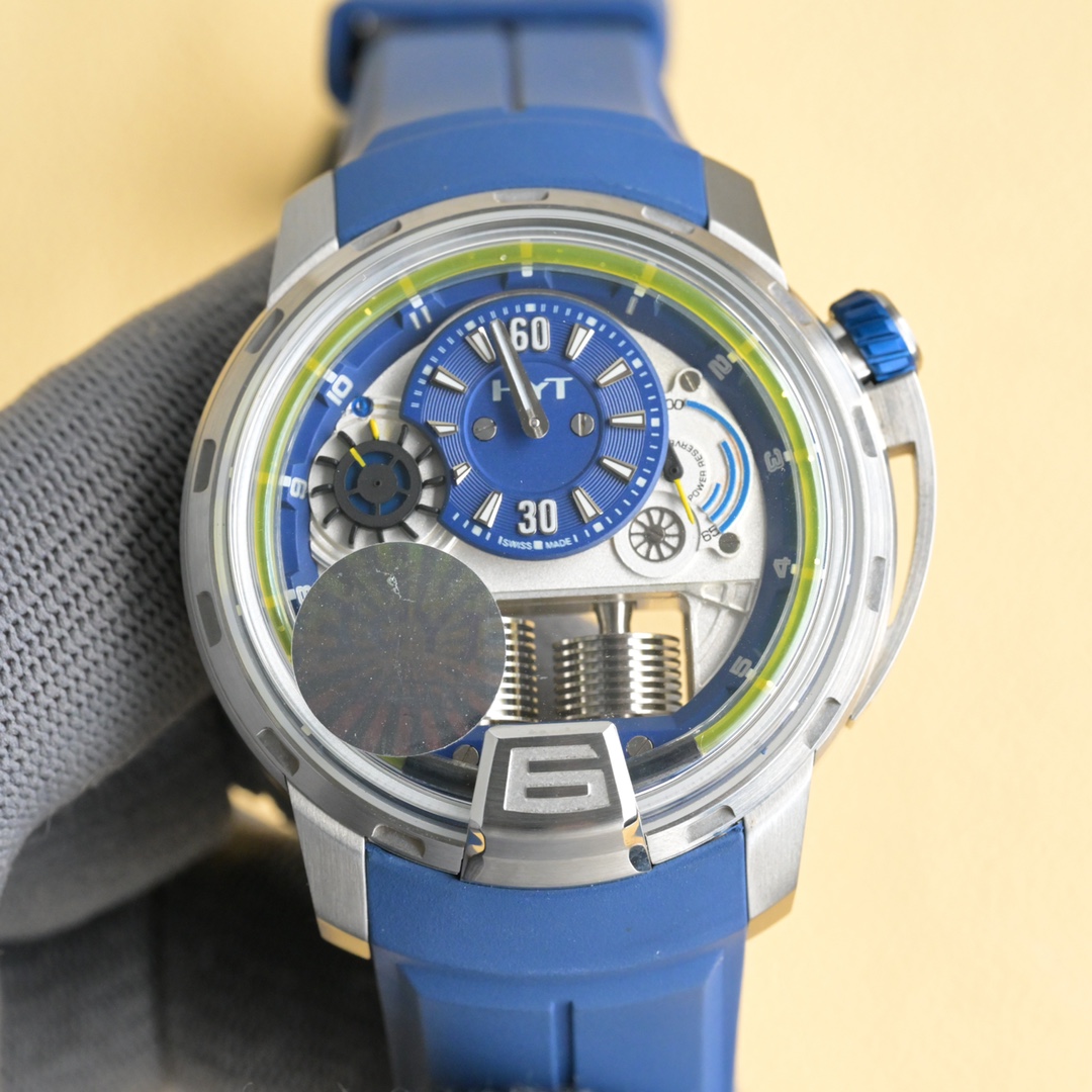 NO:552495,New HYT brand H1 series, the movement is fully automatic, the size is 46mm, the case is 904 steel, the strap is rubber, due to the modification of the movement, the manual winding direction is opposite to the original movement] The functions are: there are twelve scales on the periphery of the 9 o'clock disk, the hour hand when the disk is moving in the middle, the minute hand on the 12 o'clock position, the minute hand on the 3 o'clock disk, the double-headed hand on the 3 o'clock disk, 24 hours. HYT, H1, model - TT-GF-GF-RU  Watch, fully automatic mechanical movement, 46 mm in diameter, each piece is a limited edition, HYT is an extremely complex pure mechanical device, cool Transformers, hydraulic HYT H1 is very cool and handsome, this is the industrial crystallization of fluid mechanics + traditional watchmaking + chemical reagent assistance!  ,19860909新品 HYT 品牌 H1 系列, 机芯机械全自动,尺寸46mm 表壳904钢,表带橡胶,由于机芯改造缘故手动上弦方向与原机芯相反】功能分别是9点位圆盘外围有十二格刻度中间有时盘在走动为时针/12点位大圆盘为分针/3点位圆盘双头针为24小时.HYT,H1, 型号-TT-GF-GF-RU 手表,全自动机械机芯,直径 46 mm,每一块都是限量版,HYT 极其复杂的纯机械装置,酷炸变形金刚,液压HYT H1 非常酷非常帅,这是流体力学+传统制表+化学试剂辅助的工业结晶！,,Watch