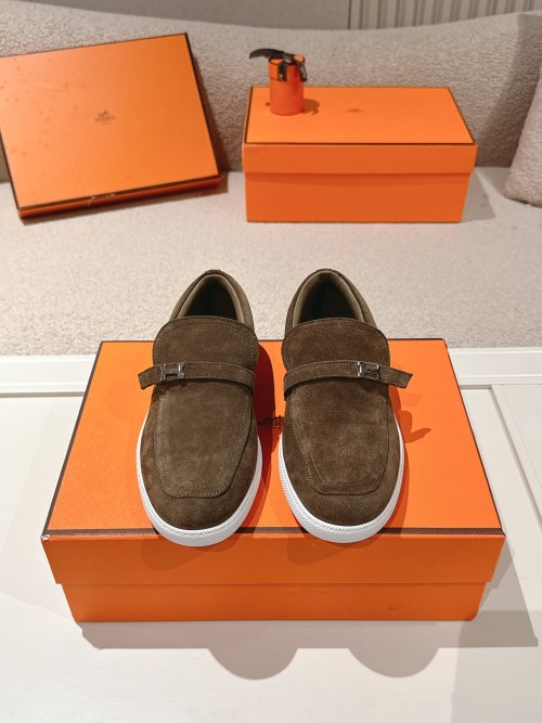 Hermes Men's Brown Suede Loafers with Buckle Detail - Classic Style 1 Hermes Men's Brown Suede Loafers with Buckle Detail - Classic Style
