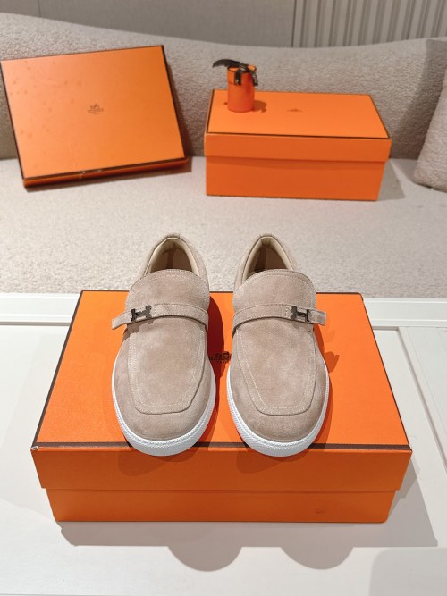 Hermes Men's Suede Leather Loafers, Slip-On Style, Beige, Size 35-45