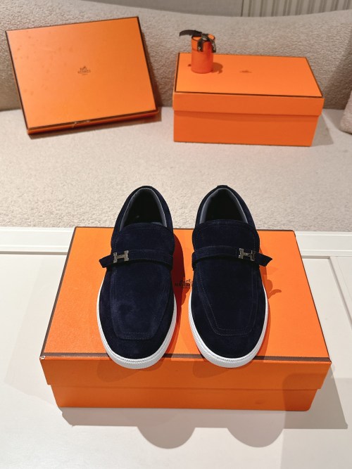 Hermes Men's Blue Suede Loafers with Buckle Detail-Timeless Elegance