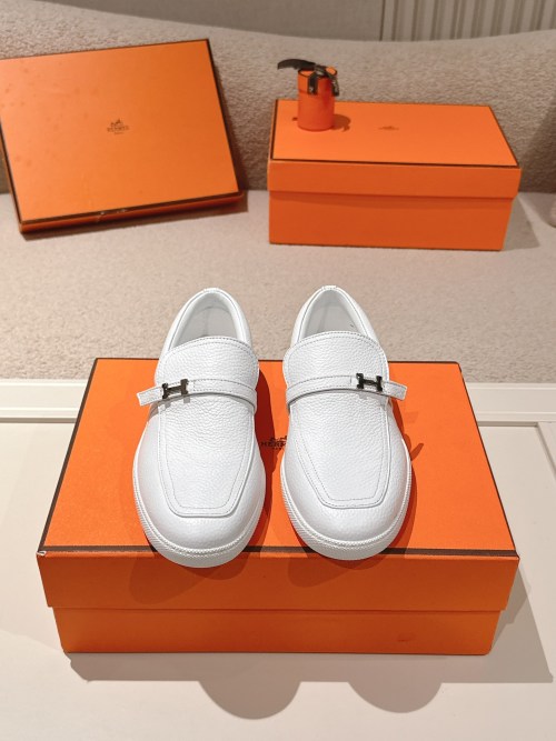 Hermes Men's White Leather Loafers with Buckle Detail, Size 35-45 1 Hermes Men's White Leather Loafers with Buckle Detail, Size 35-45