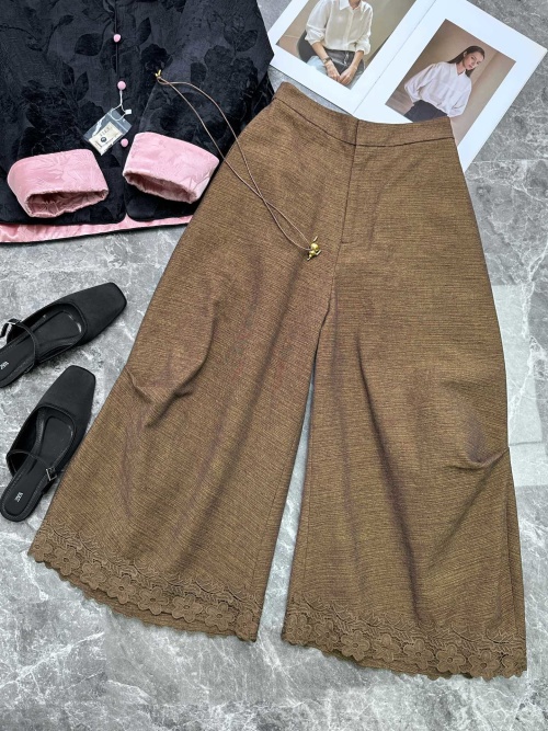 Elegant Wide Leg Palazzo Pants with Floral Lace Hem - Autumn Cotton Blend 1 Elegant Wide Leg Palazzo Pants with Floral Lace Hem - Autumn Cotton Blend